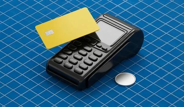 A card payment terminal with a yellow card on a blue grid surface