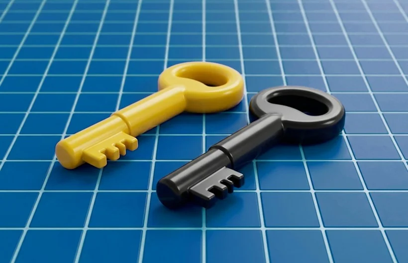 A yellow key and a black key on a blue grid surface