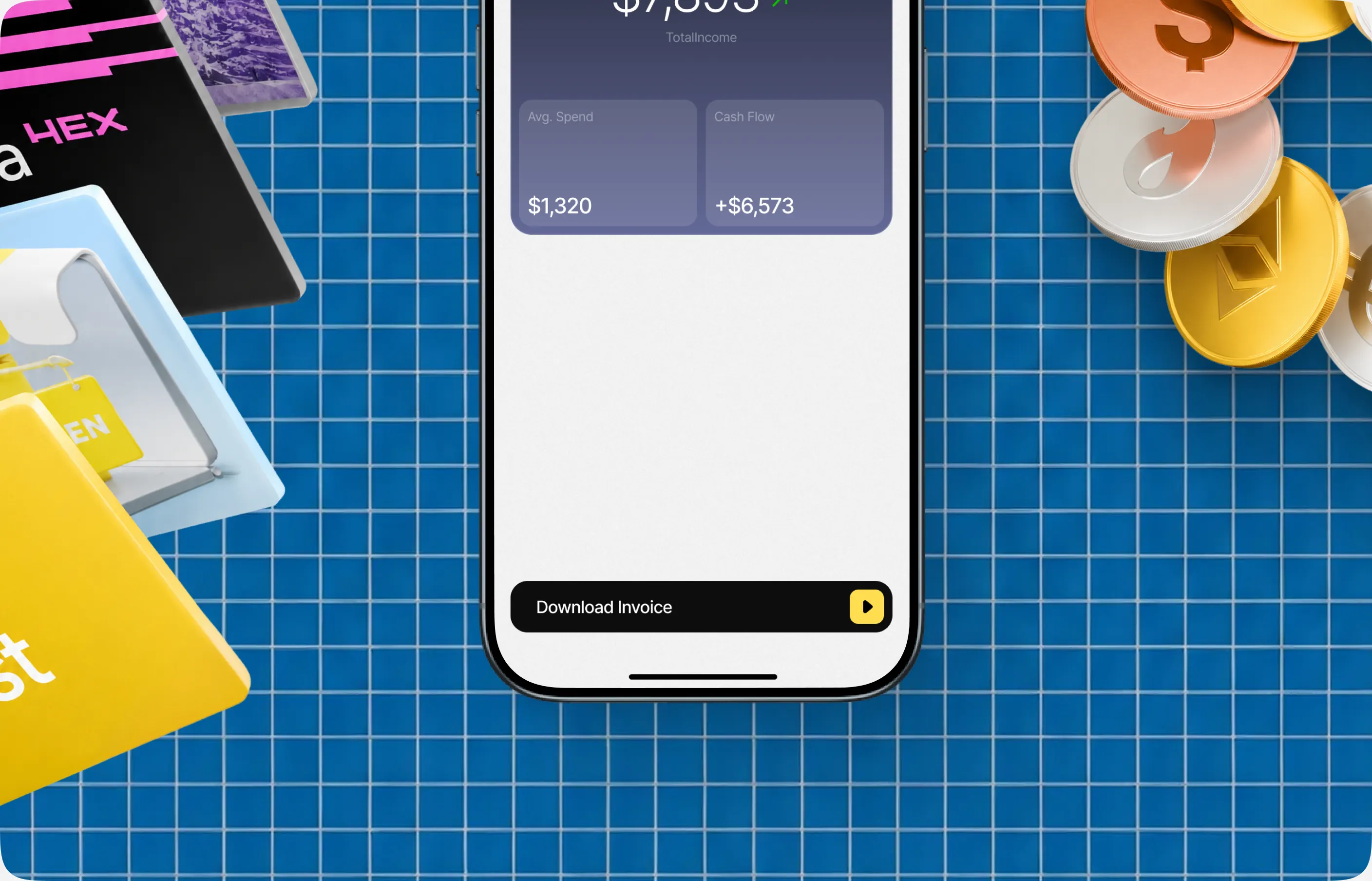 The Ledger app in a studio scene with payment cards and coins on a blue grid surface